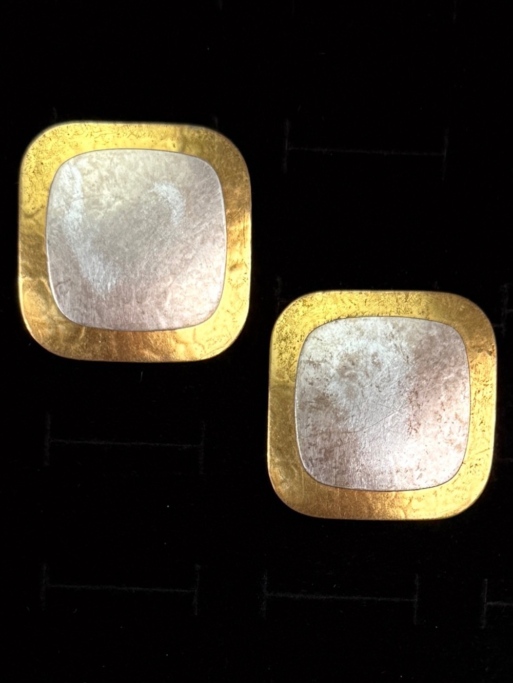 Vintage artesian, aged goldtone Silvertone square modernist clip on earrings